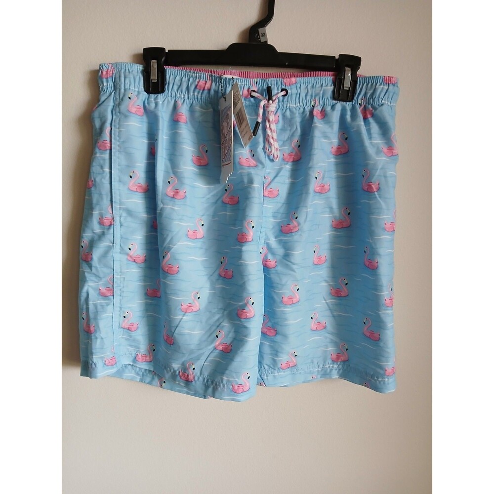 NWT Broken Threads Mens Blue Flamingo Print Swim Trunks Premium Surfwear Large